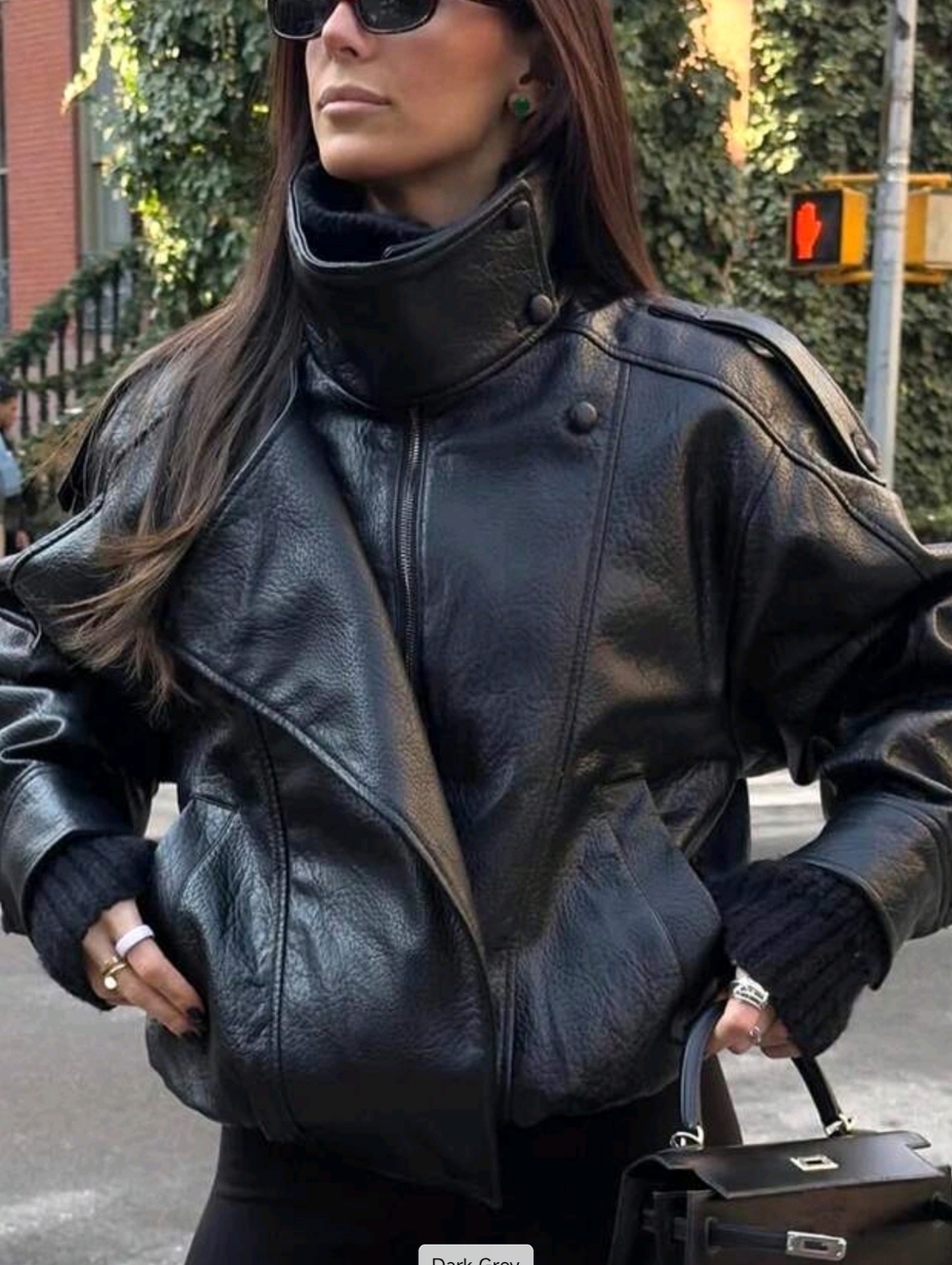 Black Faux Leather High-Neck Jacket - Women's Coat - Picture 4 of 9